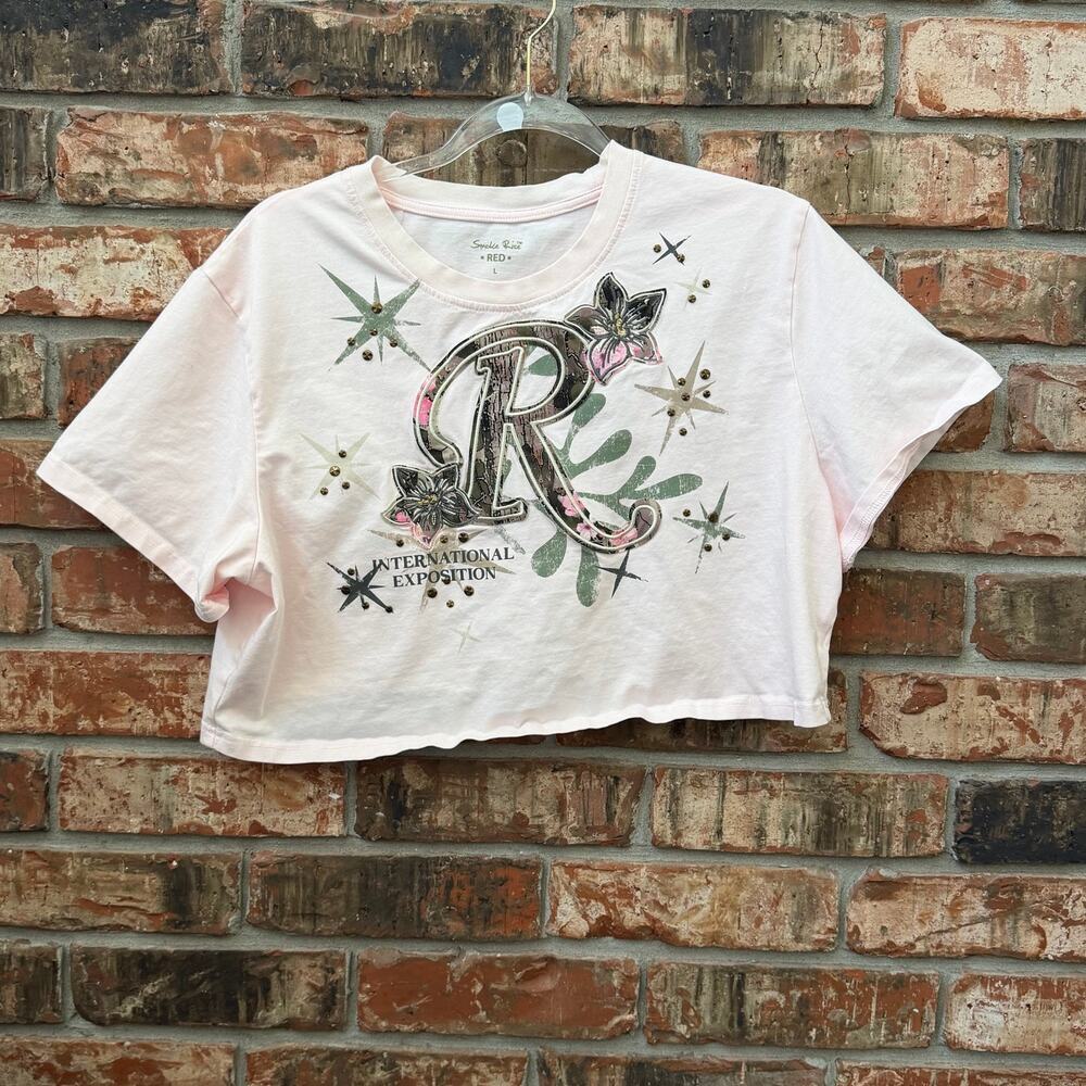 Smoke Rise Red Camo Cropped Tee Womens Size Large Pink Embroidered